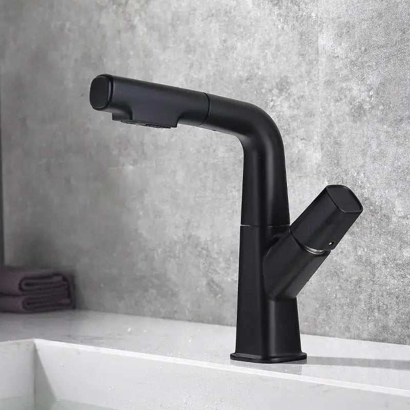 Black matte finish modern decorbites brass basin faucet with sleek angular design and integrated cold mixer spray head