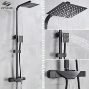 Modern matte black rain shower faucet set featuring a black matte-finished square shower faucet head with multiple nozzles
