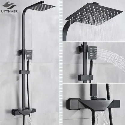 Modern matte black rain shower faucet set featuring a black matte-finished square shower faucet head with multiple nozzles
