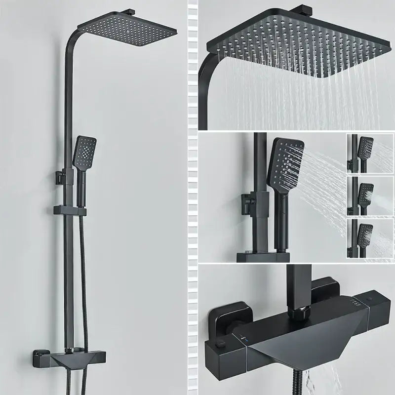Modern matte black shower faucet set with square rainhead and handheld spray for bathroom wall mount use
