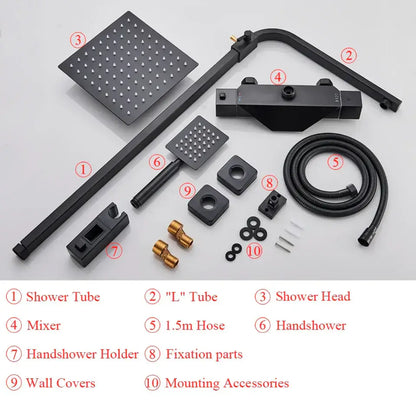 Modern matte black rain shower faucet set with black matte-finished shower head and small evenly spaced nozzles