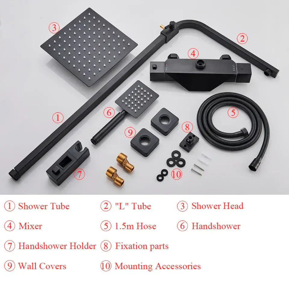 Modern matte black rain shower faucet set with black matte-finished shower head and small evenly spaced nozzles