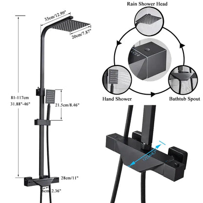 Modern matte black shower faucet set with square rainhead handheld shower and bathtub spout for wall mount