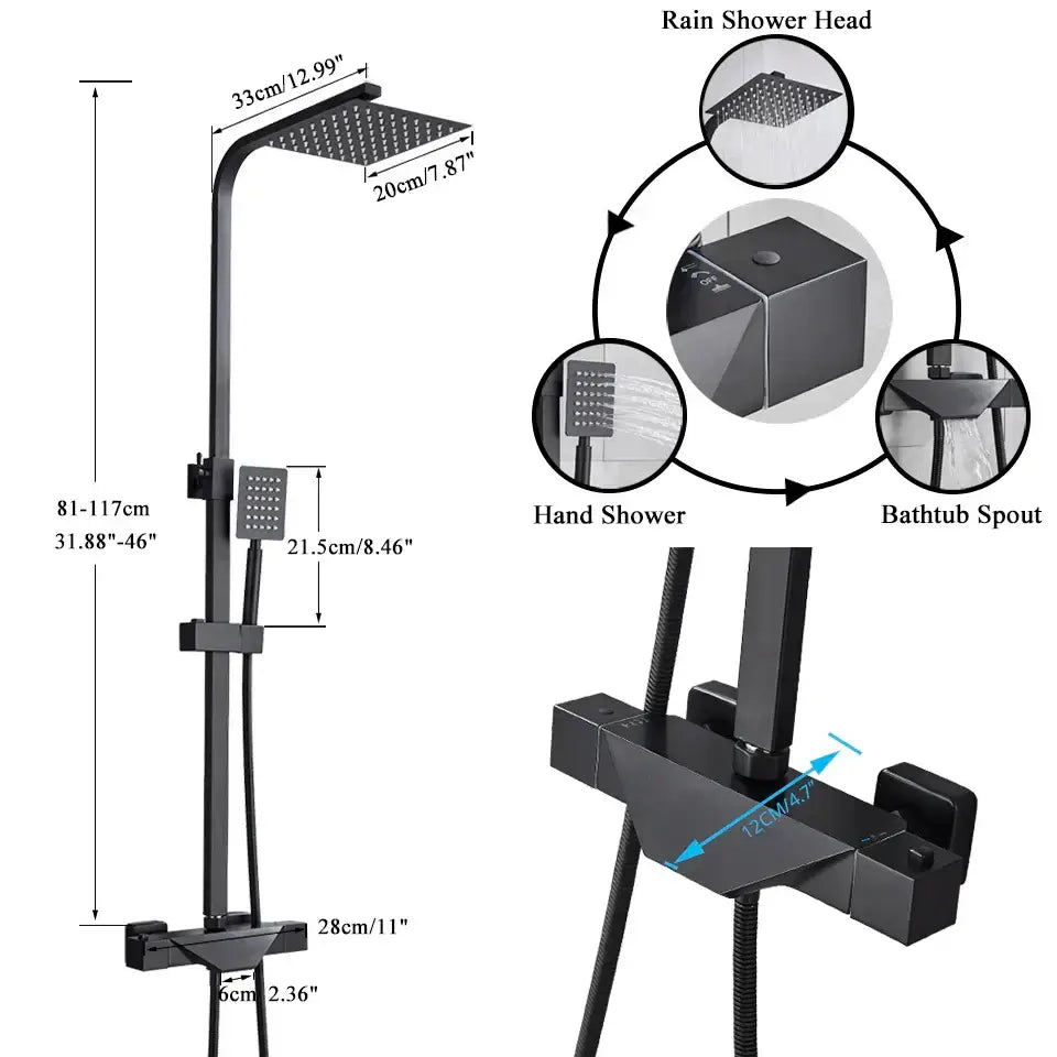 Modern matte black shower faucet set with square rainhead handheld shower and bathtub spout for wall mount