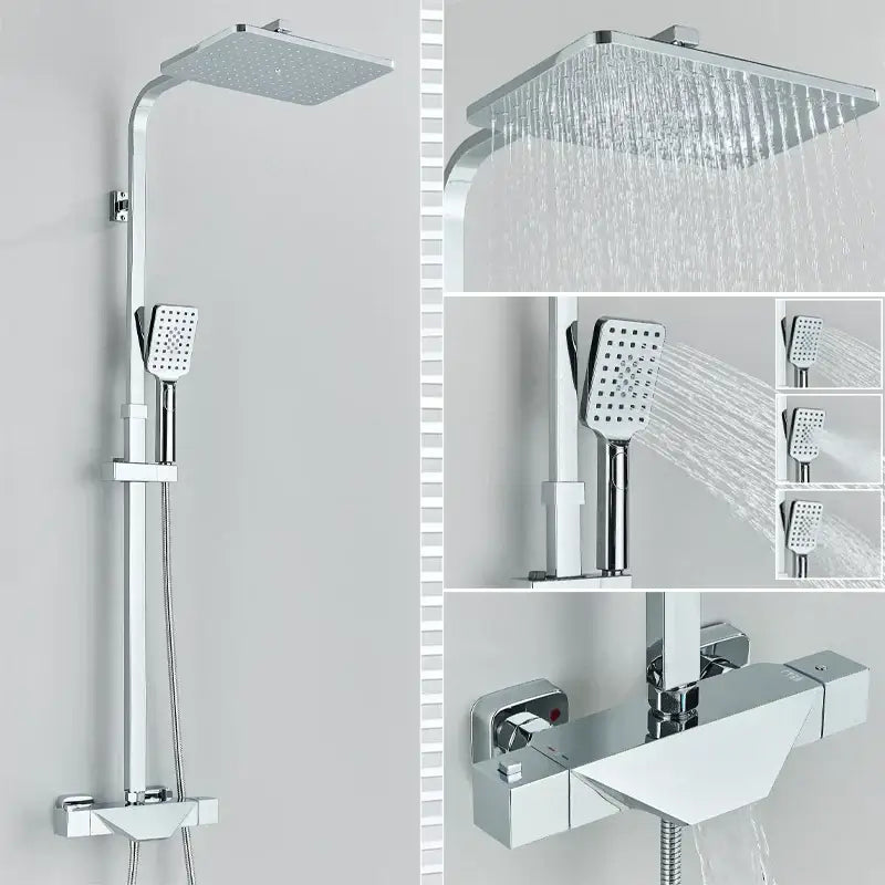 Modern matte black shower faucet set with chrome finish rainhead handheld spray and sleek rectangular faucet for bathroom wall mount