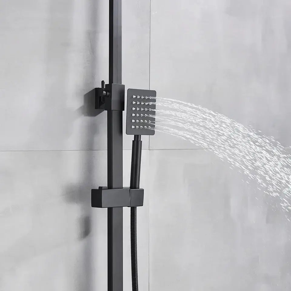 Modern matte black shower faucet set featuring a square matte-finish rain showerhead mounted on a matching rail system