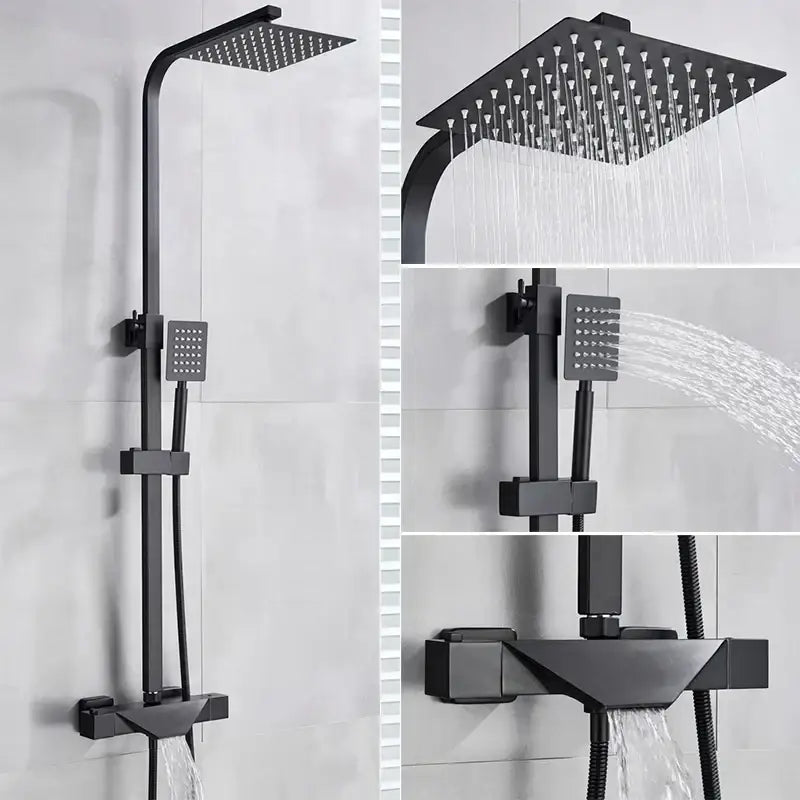 Modern matte black rain shower faucet set with black matte finish square head and integrated handheld spray for bathroom use