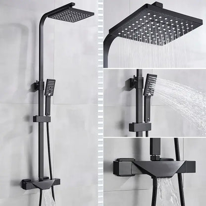 Modern matte black shower faucet set with square rainhead, handheld spray nozzle, and angular faucet design wall mount