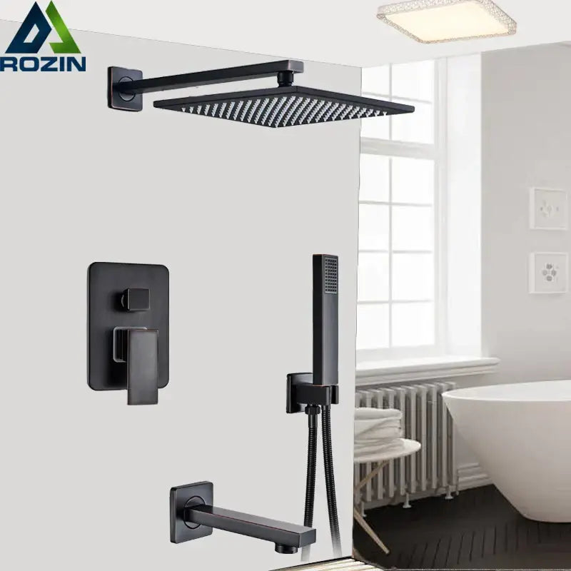 Black matte-finish square rain shower faucet with textured surface and integrated wall mount by decorbites black rain
