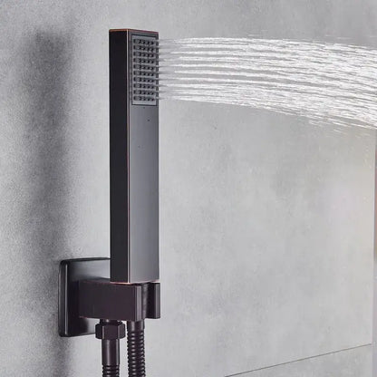 Modern matte black rain shower faucet with handshower featuring a rectangular showerhead and multiple jets decorbites black