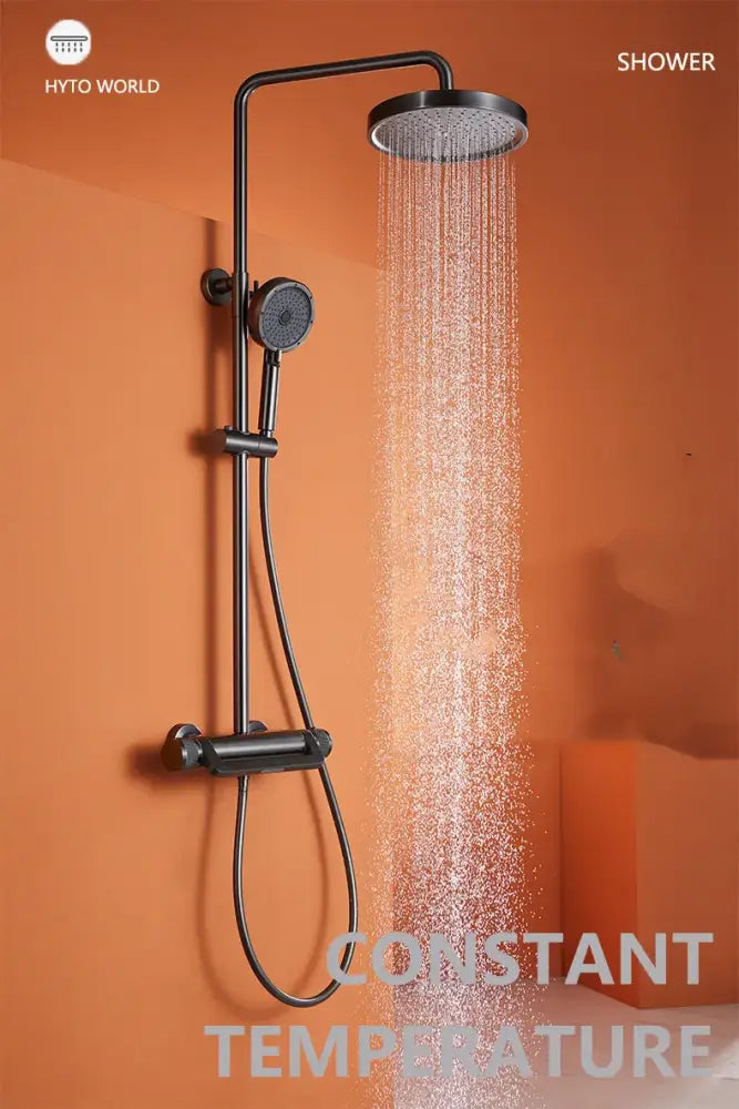 Modern matte black rainfall shower faucet set with rectangular rainhead handheld nozzle and constant temperature functionality