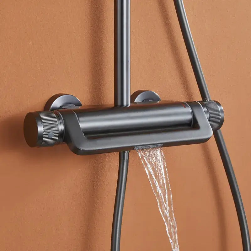 Modern matte black rainfall shower faucet set featuring a black matte-finish shower faucet with textured knobs and sleek design