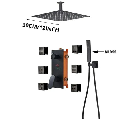 Modern matte black decorbites shower faucet with 30cm textured square rain shower head and massage system for bathroom