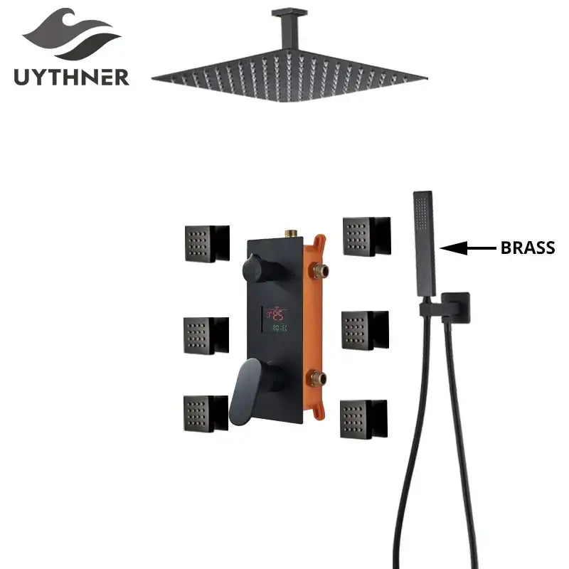 Modern matte black rainfall shower faucet with massage system featuring a black matte square shower faucet by decorbites shower