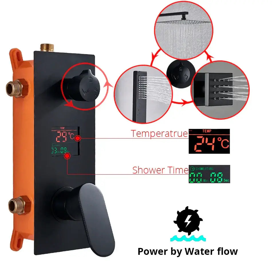 Modern matte black rainfall shower faucet with massage system featuring black matte control panel and digital display decorbites shower faucet