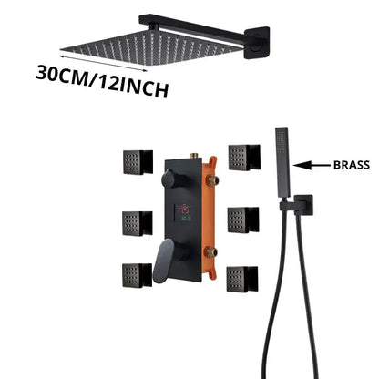 Modern matte black decorbites shower faucet with 30cm square rainfall showerhead and massage system nozzles