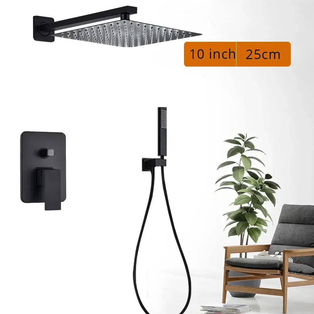 Modern matte black rainfall shower head with black matte finish and textured surface for a stylish shower faucet