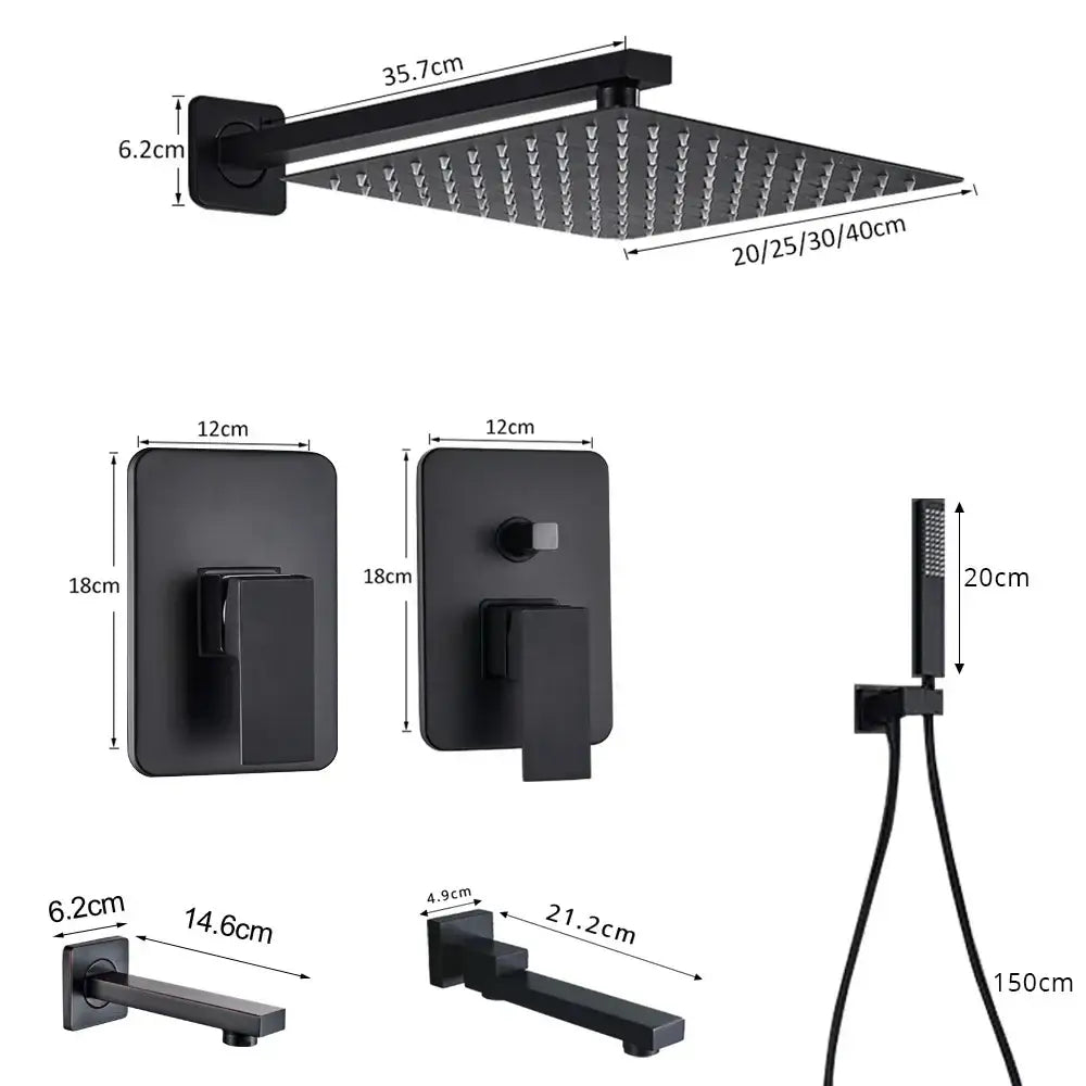 Modern matte black rainfall shower head with square shape and multiple nozzles for an elegant shower faucet set
