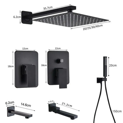 Modern matte black rainfall shower head with square shape and multiple nozzles for an elegant shower faucet set