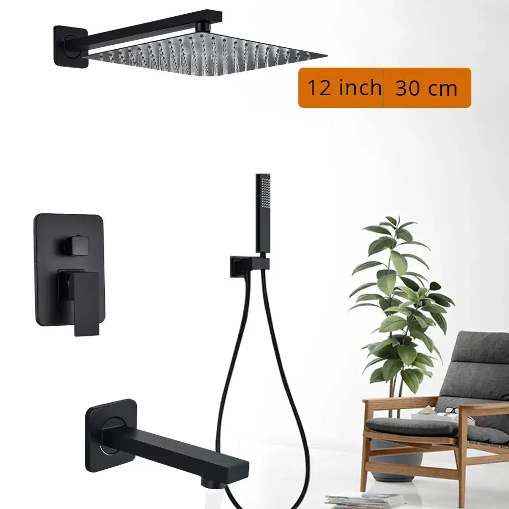Modern matte black rainfall shower head with square textured surface and integrated bracket for shower faucet set installation