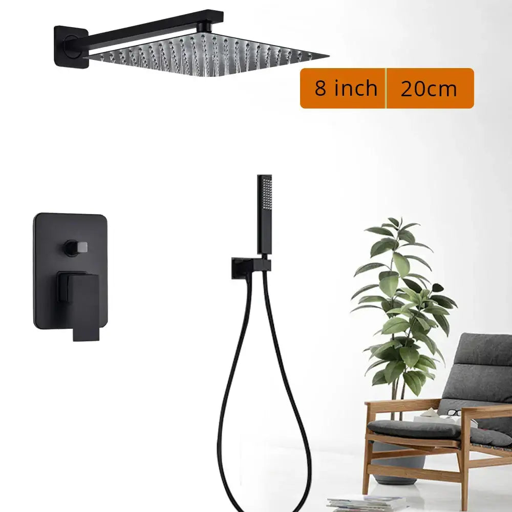 Modern matte black rainfall shower head with a square matte finish and textured surface for a sleek shower faucet design