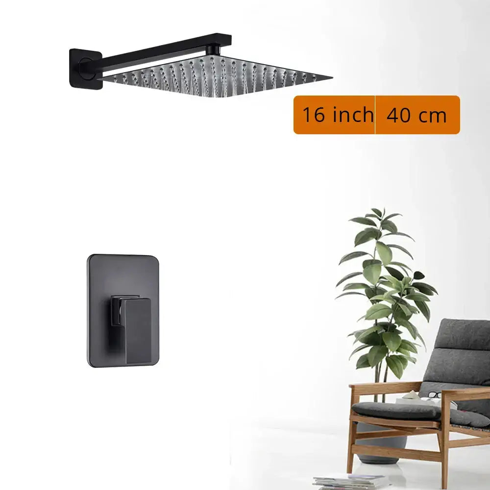 Modern matte black rainfall shower head with textured surface and matching wall-mounted shower faucet control panel