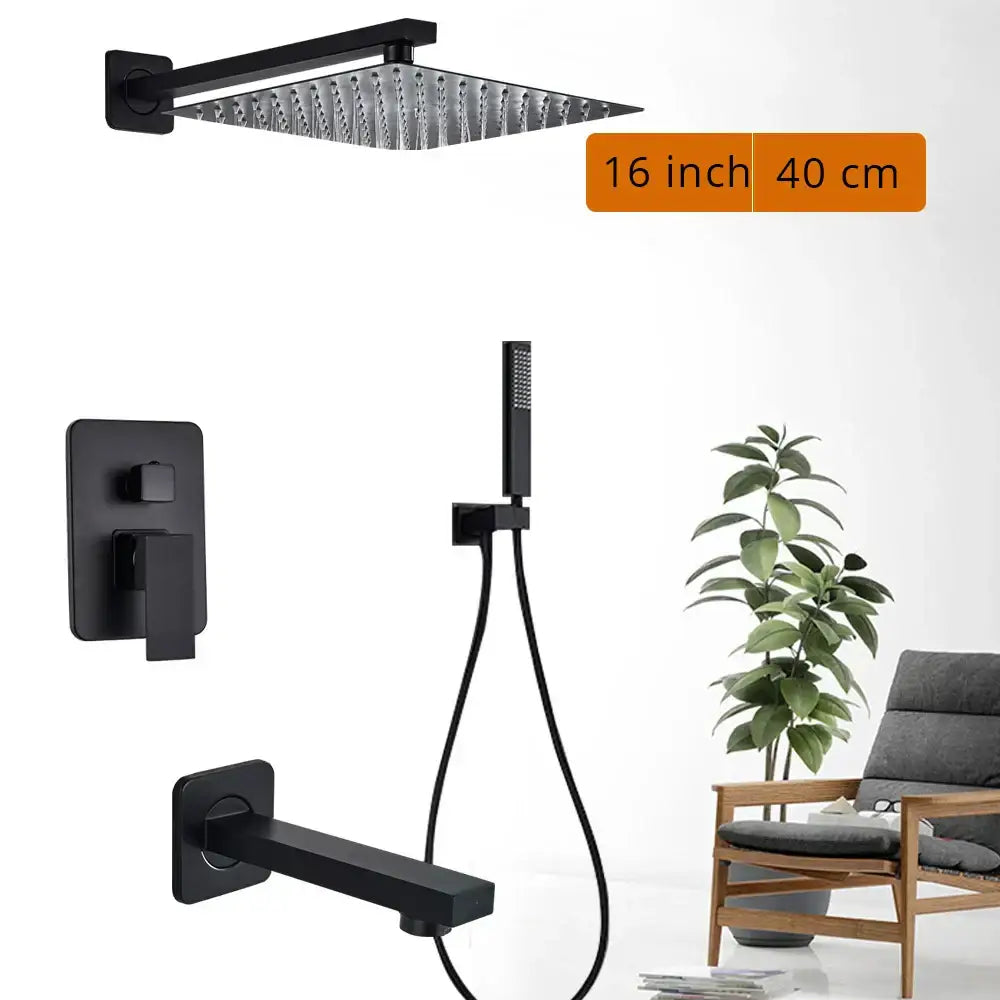 Modern matte black rainfall shower head with 16-inch square black matte rainfall shower faucet and minimalist design