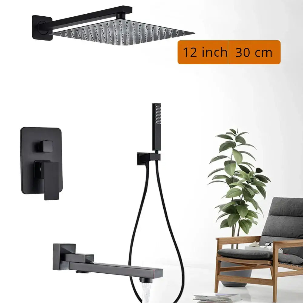 Modern matte black rainfall shower head with a textured surface and integrated mounting bracket for shower faucet use
