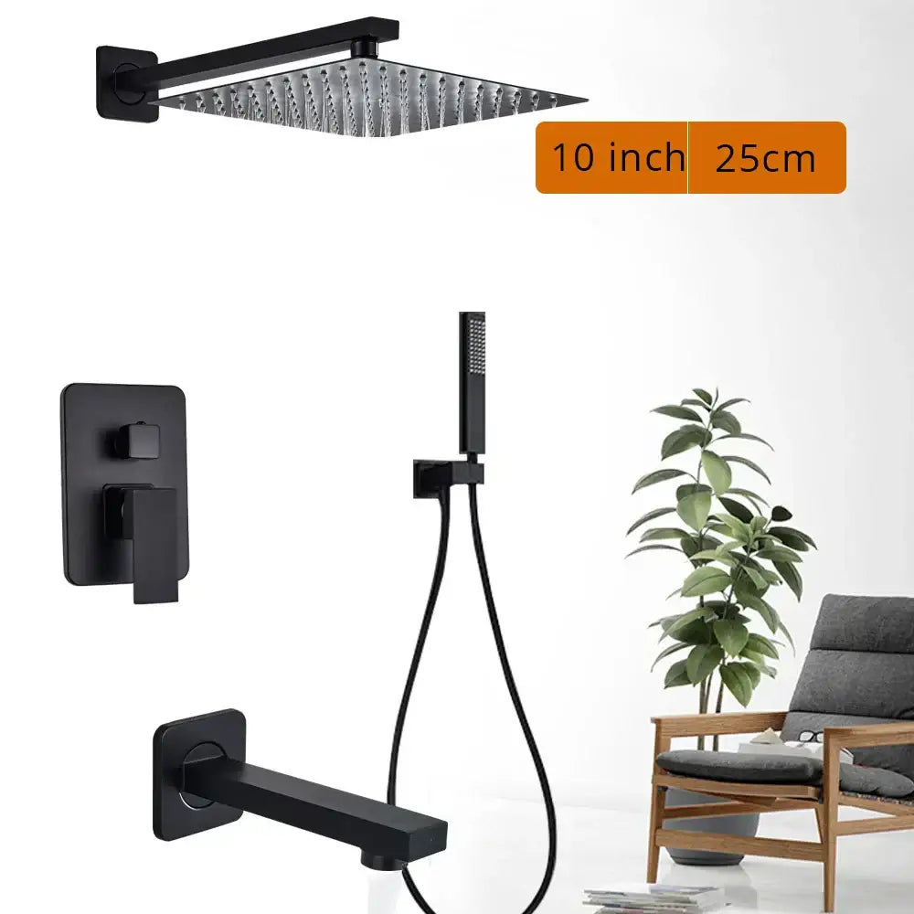 Modern matte black rainfall shower head with black matte finish and integrated mounting bracket for shower faucet use