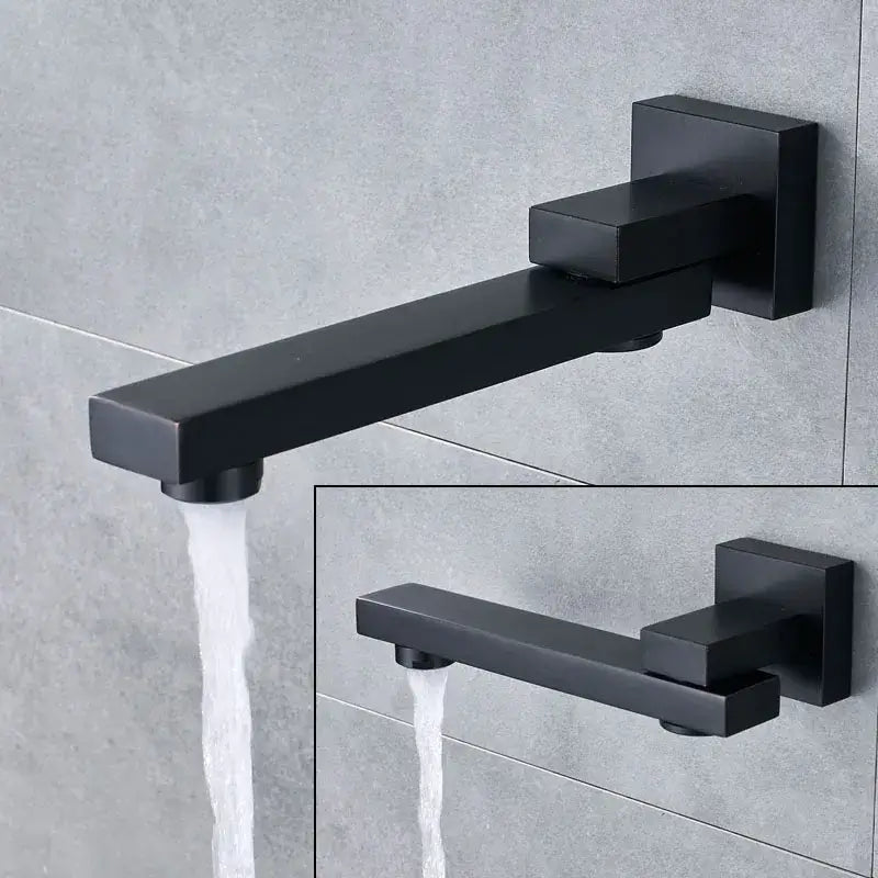 Modern matte black rainfall shower head and shower faucet set with a black matte-finished square-profile bathtub faucet