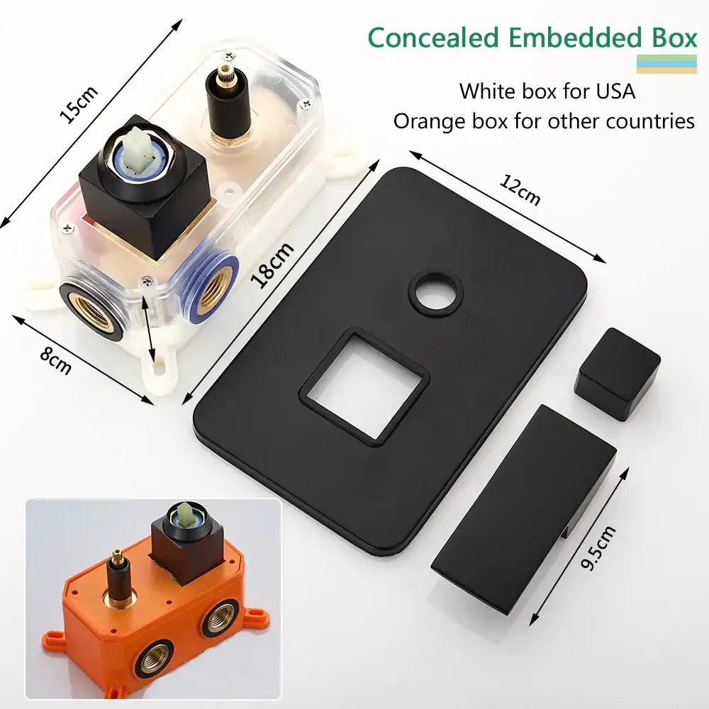 Clear plastic concealed embedded box with black and brass fittings for wall-mounted rainfall shower head and shower faucet installations