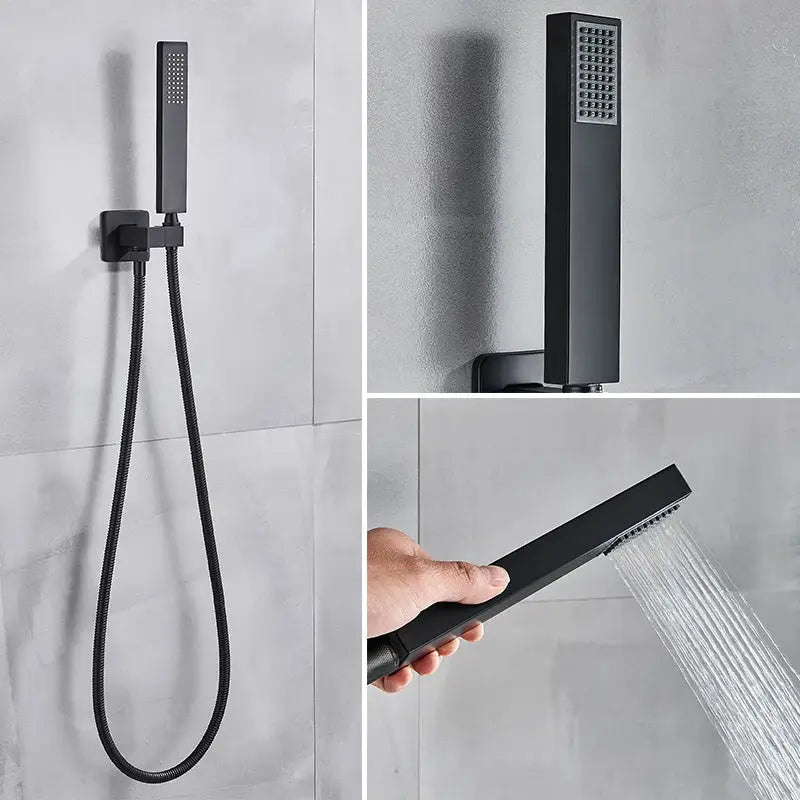 Modern matte black rainfall shower head with sleek rectangular design and textured spray pattern for shower faucet use