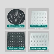 Modern matte black circular rainfall shower head set with evenly spaced grid of small holes for bathroom fixture