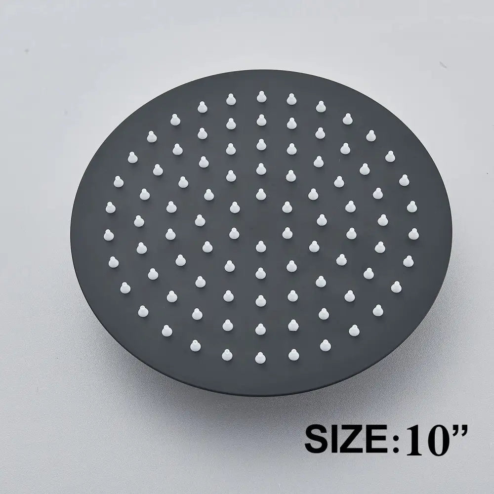Modern matte black 10 inch round shower head set with a rainfall design and white nozzles for bathroom fixtures