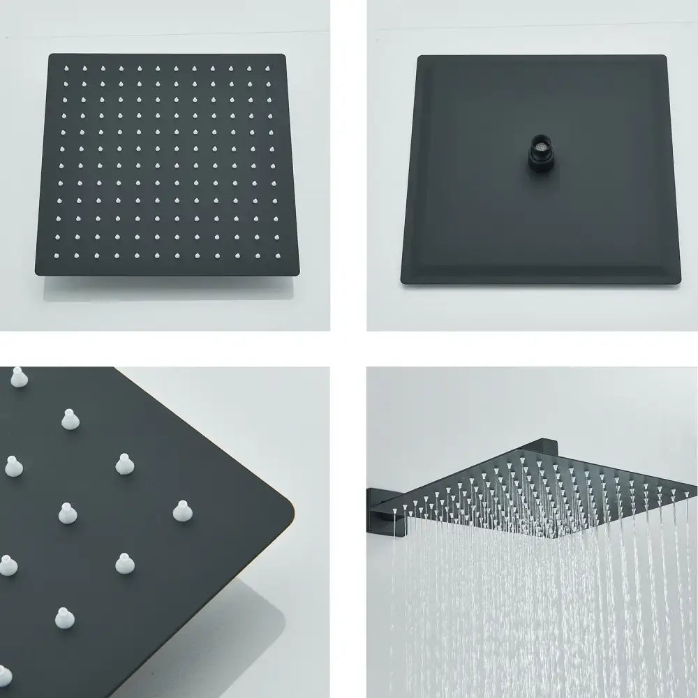 Modern matte black shower head set with square black matte finish and multiple water jets for rainfall experience