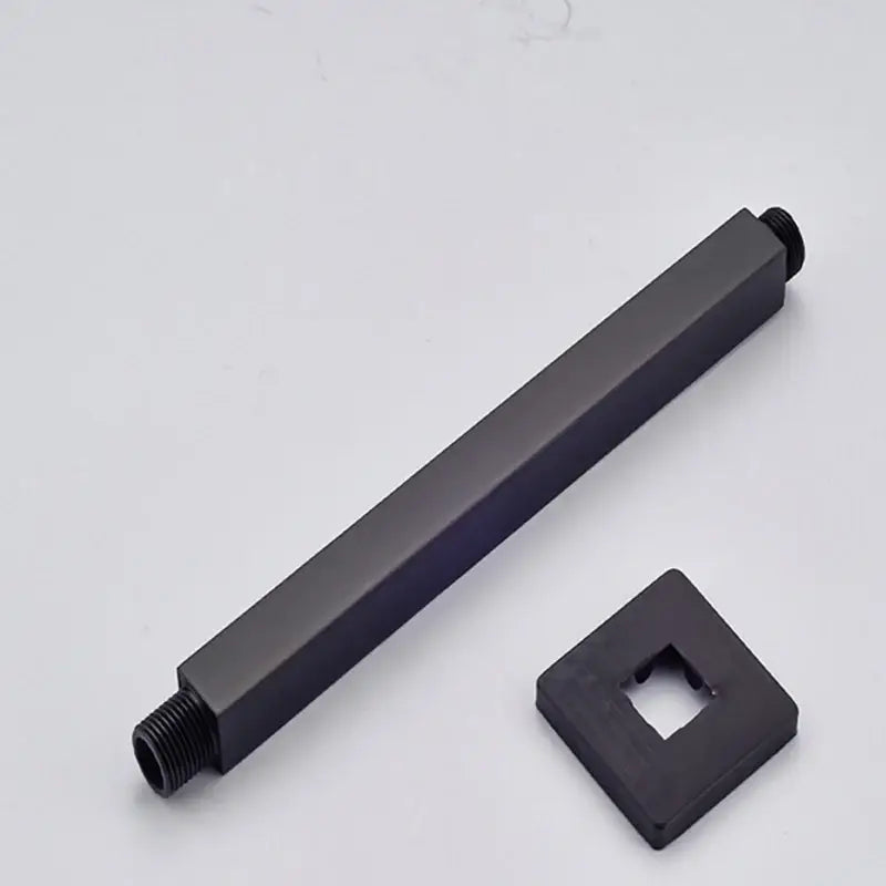 Modern matte black rainfall shower head set featuring a black matte rectangular shower arm with square mounting plate