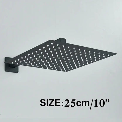 Modern matte black rainfall shower head set with black matte finished square shower head featuring evenly spaced nozzles