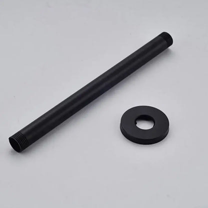 Modern matte black rainfall shower head set metal pipe with threaded ends and matching black circular flange for bathroom fixtures