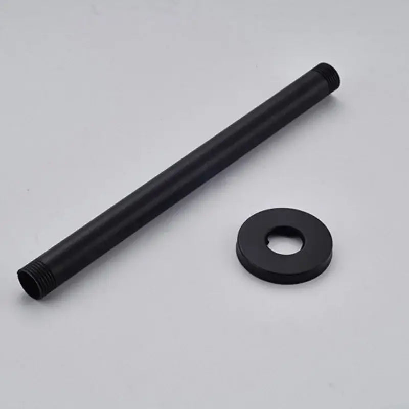 Modern matte black rainfall shower head set metal pipe with threaded ends and matching black circular flange for bathroom fixtures