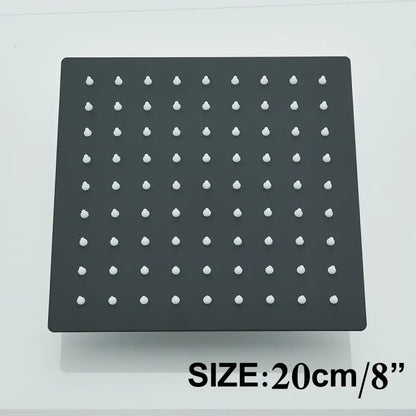 Modern matte black shower head set with a square rainfall shower head featuring white nozzle grid design