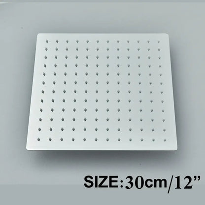 Modern matte black shower head set featuring a white square metal shower head with evenly spaced perforations