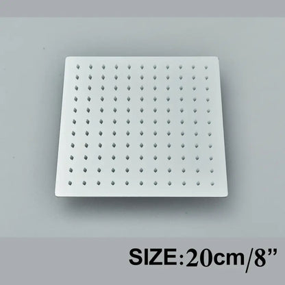White square shower head with rounded perforations in modern matte black rainfall shower head set bathroom fixture
