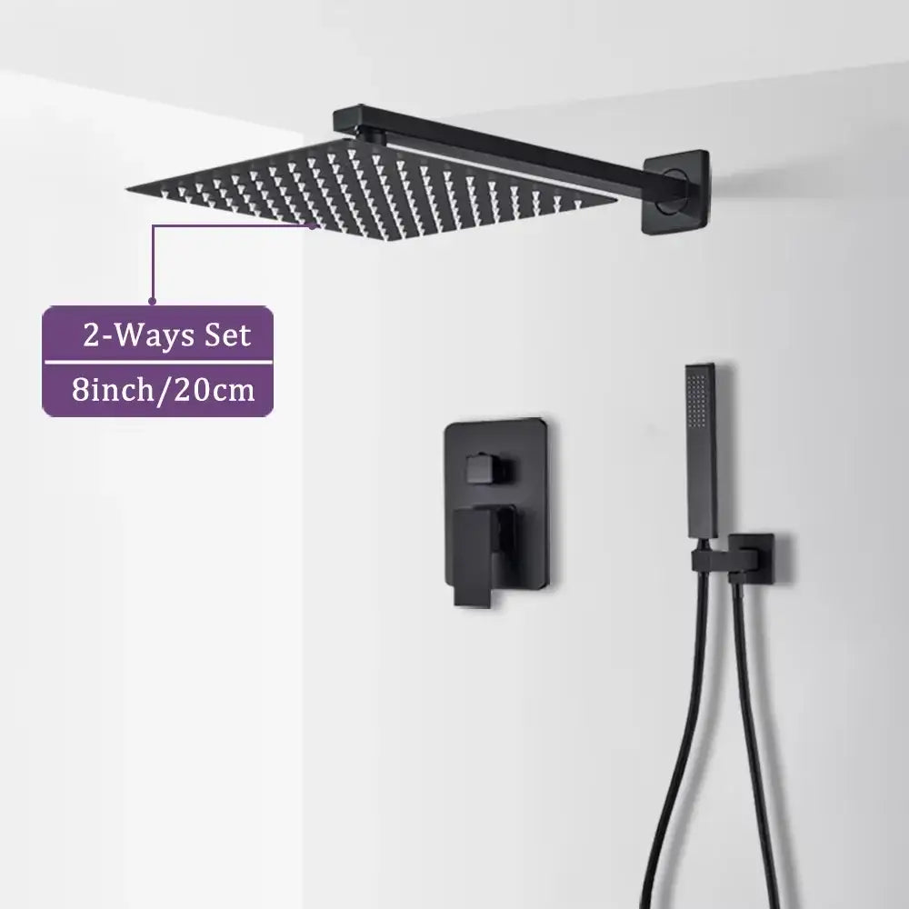 Black matte-finished square rain shower head with a sleek, modern design.