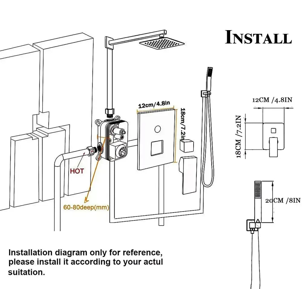 Modern matte black rainfall shower set with handheld and brushed nickel finish trim kit including overhead rain shower