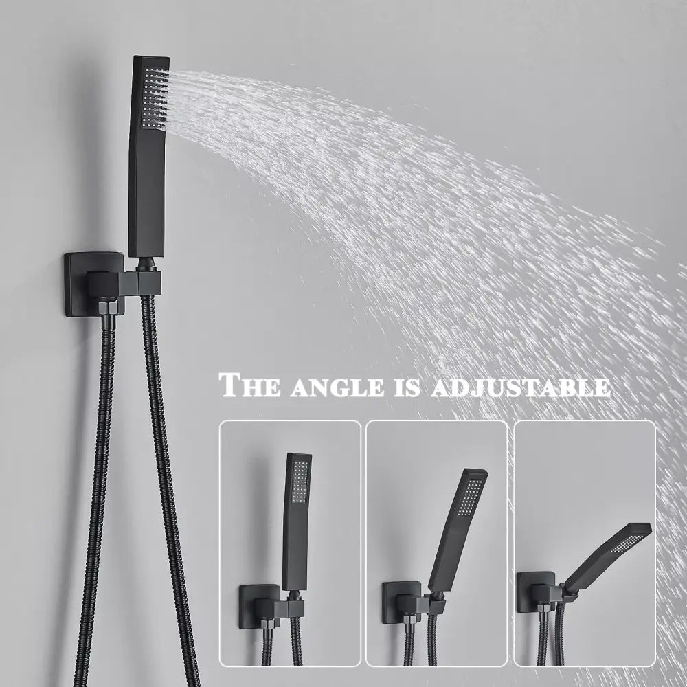 Modern matte black rainfall shower set features a black matte-finish adjustable rectangular showerhead with textured spray pattern