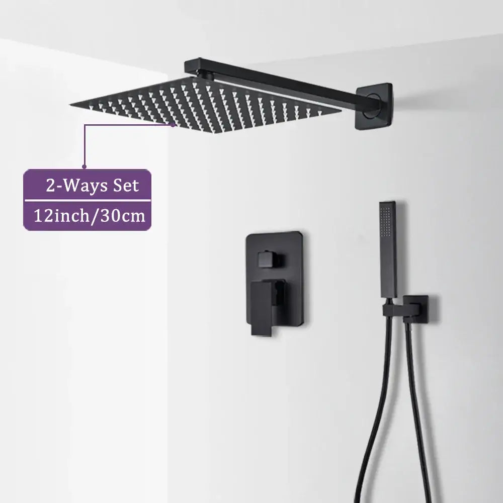 Modern matte black rainfall shower set with 12-inch square matte black showerhead wall control and handheld sprayer