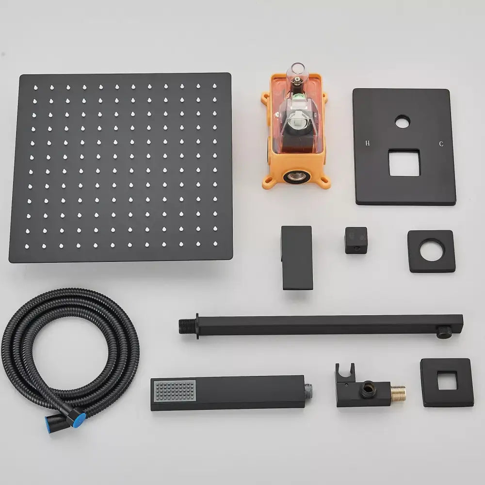 Modern matte black rainfall shower set with handheld sprayer and square rainhead in black matte finish for bathroom use