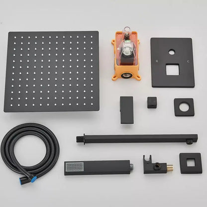 Modern matte black rainfall shower set with handheld sprayer and square rainhead in black matte finish for bathroom use