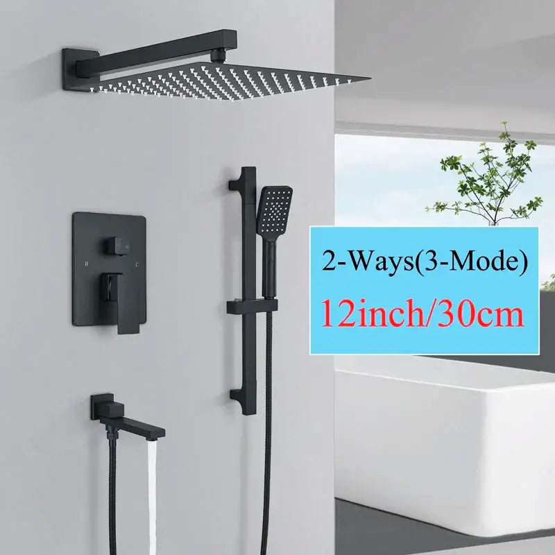 Modern matte black rainfall shower with slider bar set featuring a black matte-finish square rainfall shower and handheld showerhead
