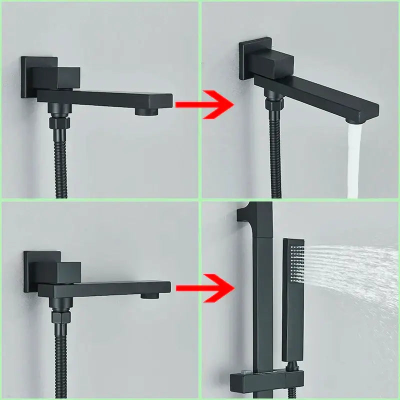 Modern matte black rainfall shower with slider bar featuring black matte-finish integrated handheld and rainfall spray heads decorbites black rainfall